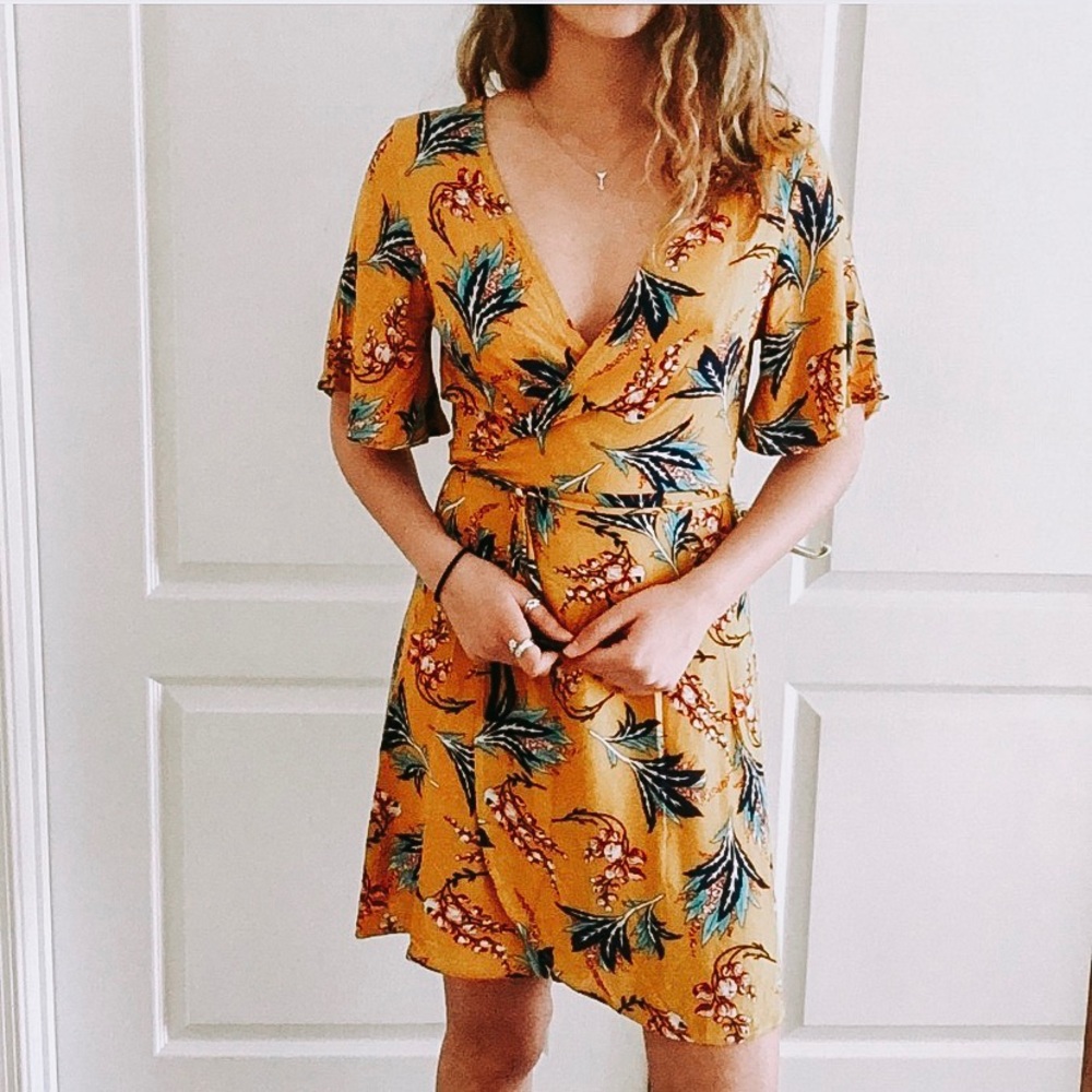 Tropical Floral Midi Wrap Dress Yellow